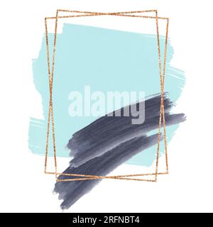 Pinceau coups de peinture bleue et noire dans un cadre rectangulaire doré isolé sur blanc. Fond abstrait pour le texte. Modèle de conception pour bannière, carte, Banque D'Images