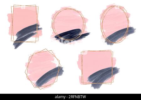 Pincez des coups de peinture rose et noire dans des cadres dorés isolés sur blanc. Définir un arrière-plan abstrait pour le texte. Modèle de conception pour bannière, carte, couverture, W Banque D'Images