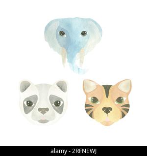 Ensemble d'aquarelle de visages d'animaux drôles - tigre, éléphant et panda isolé sur un fond blanc. Illustration. UN ENSEMBLE DE VISAGES D'ANIMAUX. Pour la conception o Banque D'Images