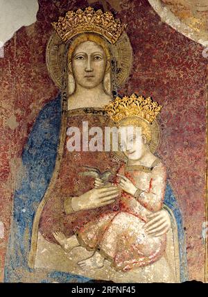 Peintre florentin du siècle. XIV, Madonna et enfant Entrocrée avec Saint Laurent (Madonna delle Grazie), fresque-Basilique di Maria SS fragmentée. Delle Grazie Banque D'Images