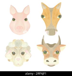 Ensemble d'aquarelle de visages d'animaux mignons - cochon, mouton, vache et cheval, mis en évidence sur un fond blanc. Illustration. UN ENSEMBLE DE VISAGES D'ANIMAUX. Pour le desig Banque D'Images