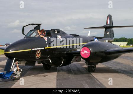 Martin Baker Gloster Meteor T7 jet plane WA638 au salon aéronautique de Kemble. Avion utilisé pour tester les sièges éjectables Banque D'Images