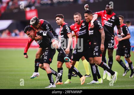 Atlas FC célèbre après le but marqué par le mi-Fielder Aldo Rocha (26) lors du match MLS vs Liga MX, dimanche 23 juillet 2023 au Citi Field à New York, NY. Atlas FC a battu NYCFC 1-0. (Ariel Fox/image du sport) Banque D'Images