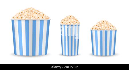 Jeu de seaux à pop-corn. Snack cinéma. C'est l'heure du cinéma ! Boîte à papier rayée. Bol à pop-corn. Gobelet en papier rayé bleu et blanc Illustration de Vecteur