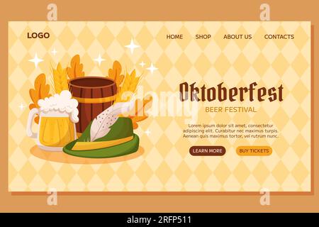 Oktoberfest Festival allemand de la bière conception de modèle Landing. Design avec chapeau tyrolien, tasse à bière avec mousse, tonneau en bois, guirlande festive de couleurs d'Allemagne, Illustration de Vecteur