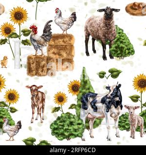 Animaux de ferme dans une prairie sur un pâturage. Vaches, moutons et poules sur un ranch parmi les tournesols et les meules de foin. Vie rurale simple, nature et plantes. Seaml Banque D'Images