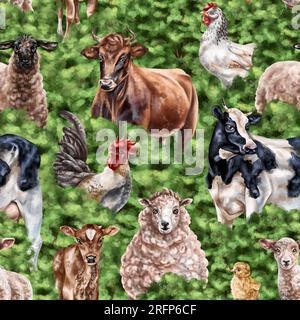 Animaux de ferme dans une prairie sur un pâturage. Vaches, moutons et poulets sur un ranch parmi les arbres verts et les buissons. Vie rurale simple, nature et plantes. Seamles Banque D'Images