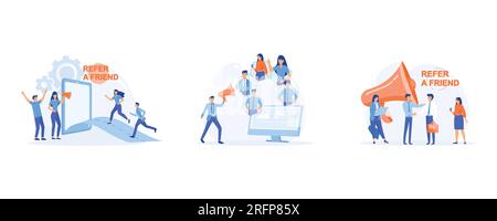 Parrainer un concept d'ami, Stratégie de partenariat d'affaires, marketing des médias sociaux, partage d'amis référer, définir l'illustration moderne vectorielle plate Illustration de Vecteur