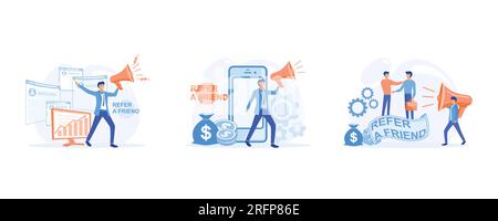 Parrainez un ami. Promotion et offre d'amitié, les gens partagent des informations sur la référence et gagner de l'argent, parrainer un ami et être récompensé, définir le vecteur plat Illustration de Vecteur