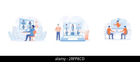 concept de communication en ligne. Visioconférence, travail à domicile et travail de n'importe où, Réunion en ligne. définir l'illustration moderne vectorielle plate Illustration de Vecteur
