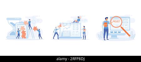 Gestion de projet. organisation du flux de travail, travail d'équipe. Analyse et développement marketing. Suivi de projet. définir l'illustration moderne vectorielle plate Illustration de Vecteur