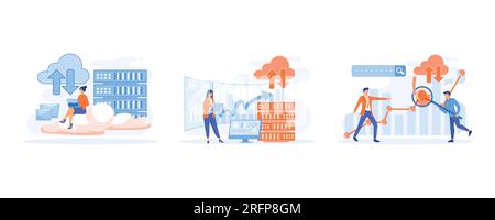 Big Data et Cloud Computing. Personnages professionnels utilisant des serveurs distants pour analyser de grands ensembles de données et reconnaître les erreurs. Données exploitables, ensemble Illustration de Vecteur