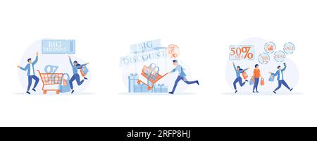 Achats en ligne, gros % de vente, achats de taux d'intérêt. Remise et publicité, ensemble illustration moderne vectorielle plate Illustration de Vecteur