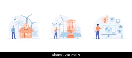 Durabilité, personnages utilisant l'électricité verte, moulins à vent et panneaux solaires. Réduire l'empreinte carbone. définir l'illustration moderne vectorielle plate Illustration de Vecteur
