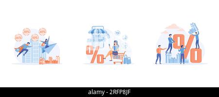 Concept de gros rabais. vente urgente, vente saisonnière en magasin, les personnages heureux d'acheteur homme et femme célèbrent les grandes ventes en magasin, définissez le moder vectoriel plat Illustration de Vecteur