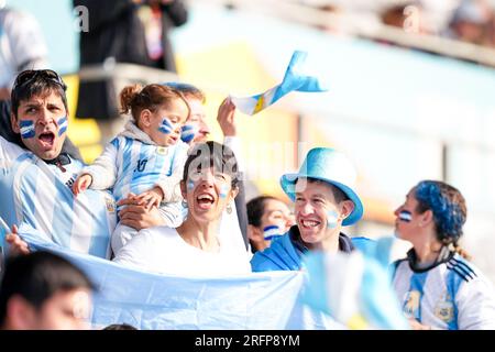 Dunedin, Nouvelle-Zélande. 28 juillet 2023. Dunedin, Nouvelle-Zélande, 28 juillet 2023 : fans de l'Argentine lors du match de football de la coupe du monde féminine FIFA 2023 entre l'Argentine et l'Afrique du Sud au stade Dunedin de Dunedin, Nouvelle-Zélande. (Daniela Porcelli/SPP) crédit : SPP Sport Press photo. /Alamy Live News Banque D'Images