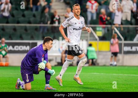 Varsovie, Pologne. 03 août 2023. Tomas Pekhart (C) de Legia célèbre un but lors du deuxième tour de qualification de l'UEFA Europa Conference League entre Legia Warszawa et le FC Ordabasy Shymkent au Marshal Jozef Pilsudski Legia Warsaw Municipal Stadium.score final ; Legia Warszawa 3:2 FC Ordabasy Shymkent. Crédit : SOPA Images Limited/Alamy Live News Banque D'Images