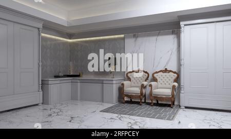 maquillage moderne classique et dressing, armoire blanche, table moderne classique, chaise classique classique en bois, miroir à cadre sculpté, porte et fenêtre classique sty Banque D'Images