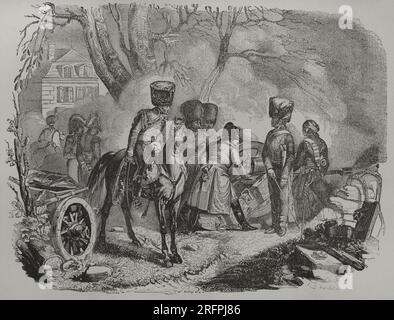 Guerres napoléoniennes. Bataille de Montereau (18 février 1814). L'armée impériale française dirigée par Napoléon (1769-1821) défait un corps d'Autrichiens et de Württembergers commandé par le prince héritier Frédéric-Guillaume de Württemberg. Napoléon Ier à Montereau. Campagne de France de la Sixième Coalition. Gravure par Piaud. Los Héroes y las Grandezas de la Tierra. Volume V. 1855. Banque D'Images