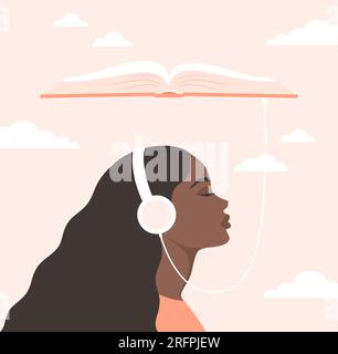 Jeune femme noire aux yeux fermés écoutant un livre audio. Portrait latéral d'une femme portant des écouteurs connectés à un livre ouvert au-dessus d'elle. Plat ve Illustration de Vecteur