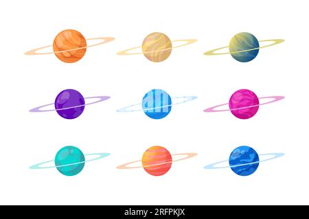 Jeux d'icônes de planètes fantastiques. Éléments de design cosmique du monde. Objets galaxies, planètes avec anneaux, cratères et surface de lave brillante. Illustration vectorielle Illustration de Vecteur