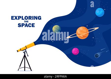 Télescope astronomique regarde dans l'espace. Espace. Planètes, étoiles et comètes à travers un télescope. Illustration vectorielle à plat Illustration de Vecteur