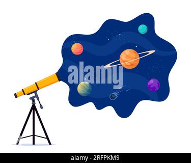 Télescope astronomique regarde dans l'espace. Espace. Planètes, étoiles et comètes à travers un télescope. Illustration vectorielle à plat Illustration de Vecteur