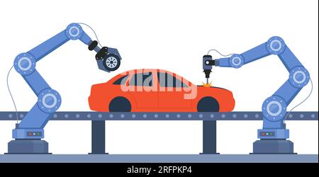 Processus de production automobile automatisée. Pièces Wehicule sur la ligne de machines avec des mains robotisées. Chaîne de montage dans une usine automobile. Illustration vectorielle Illustration de Vecteur
