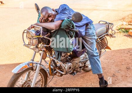 Chauffeur de boda-boda endormi sur sa monture. Jinja, Ouganda. Banque D'Images