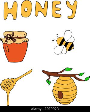 Ensemble de produits au miel. Pot de miel, insecte d'abeille, nid d'abeille, produit biologique naturel, nourriture sucrée saine. Illustration de Vecteur