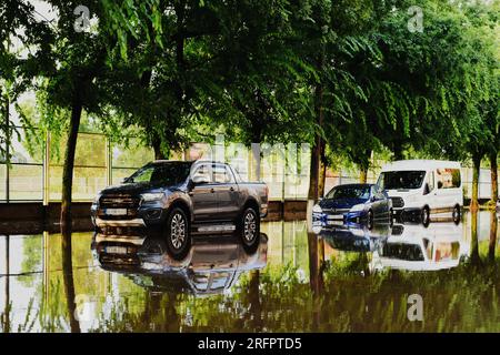 scène de rue urbaine après une forte tempête. route inondée. voitures en partie dans l'eau de pluie profonde. pluie torrentielle. de fortes réflexions. trottoir et arbre vert Banque D'Images