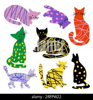 Ensemble avec illustration de silhouette de chats texturés multicolores isolé sur fond de couleur blanche Illustration de Vecteur