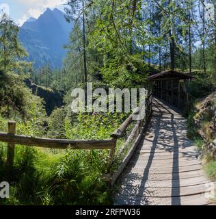 Le pont de pied en bois dans la vallée de Valsesia près de Riffigio Pastore chalent - Italie. Banque D'Images