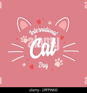 Lettrage à la main de vecteur de jour mondial des chats Journée internationale des chats avec illustration de l'empreinte digitale de la patte du chat isolé sur fond rose. Calligraphie moderne. Illustration de Vecteur