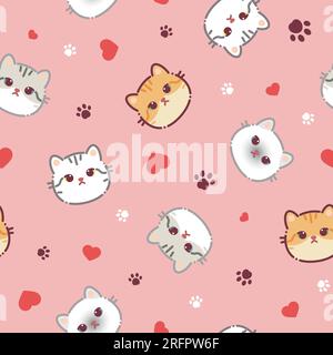 Modèle sans couture d'un mignon chat différent, coeurs et pattes d'animaux. Illustration vectorielle sur fond rose. Design plat de style dessin animé. Concept pour Illustration de Vecteur