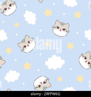 Motif sans couture. Visage de chat gris blanc. Étoile nuageuse dans le ciel. Mignon dessin animé Kawaii drôle personnage de bébé souriant. Papier d'emballage, gabarit textile. Nurs Illustration de Vecteur