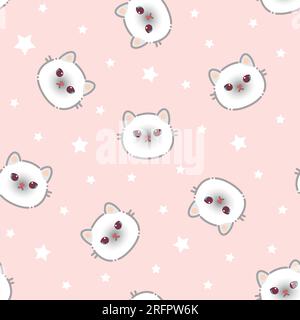 Modèle sans couture d'un chat mignon et des étoiles blanches. Illustration vectorielle sur fond rose. Design plat de style dessin animé. Concept pour les enfants imprimer. Illustration de Vecteur