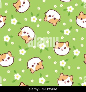 Modèle sans couture d'un chat mignon, des fleurs et des feuilles. Illustration vectorielle sur fond vert. Design plat de style dessin animé. Concept pour les enfants imprimer. Illustration de Vecteur