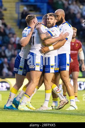 Warrington, Cheshire, Angleterre 4 août 2023. Warrington Wolves célèbre Ben Currie Try pendant, Warrington Wolves V Catalans Dragons au stade Halliwell Jones, la Betfred Super League, Warrington (image de crédit : ©Cody Froggatt/Alamy Live news) Banque D'Images