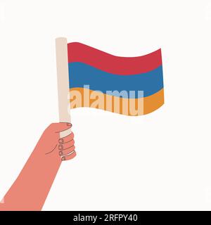 Main tenant le drapeau de la République d'Arménie. Rayures rouges, bleues et oranges. Illustration isolée vectorielle pour la conception. Illustration de Vecteur