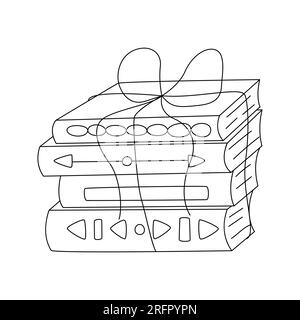 Une pile de livres. Une pile de manuels attachés avec une corde. Doodle a dessiné à la main divers livres pour la lecture, l'apprentissage, l'éducation. Contour noir et blanc vect Illustration de Vecteur