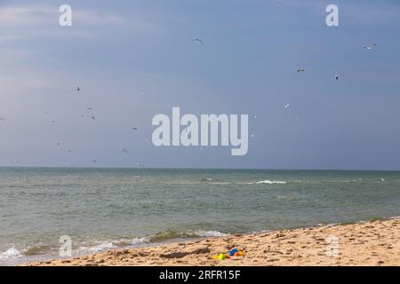 Une grande et forte onde de tempête de couleur turquoise avec des éclaboussures de mousse blanche coule et se brise sur le rivage. Banque D'Images