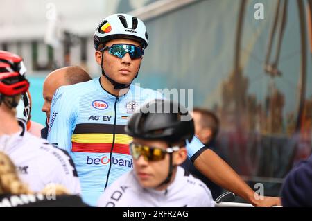 Glasgow, Royaume-Uni. 05 août 2023. Le Belge sente Sentjens photographié au départ de la course sur route junior masculine aux Championnats du monde UCI Cyclisme, à Glasgow, en Écosse, samedi 05 août 2023. UCI organise les mondes avec toutes les disciplines cyclistes, cyclisme sur route, cyclisme en salle, VTT, course BMX, Paracyclisme routier et paracyclisme intérieur, à Glasgow du 05 au 13 août. BELGA PHOTO DAVID PINTENS crédit : Belga News Agency/Alamy Live News Banque D'Images