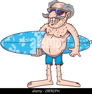 Homme senior avec planche de surf sur fond blanc Illustration de Vecteur