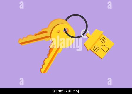 Porte-clés de dessin de style plat de dessin animé avec porte-clés, deux clés et médaillon de maison pendentif. Porte-clés stylisé avec maison avec logo médaillon, icône, modèle, Banque D'Images