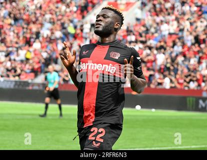 Leverkusen, Allemagne. 05 août 2023. Football : matchs d'essai, Bayer Leverkusen - West Ham United, à BayArena, Victor Boniface de Leverkusen célèbre après son deuxième but. Crédit : Roberto Pfeil/dpa/Alamy Live News Banque D'Images