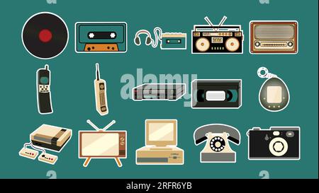 Ensemble d'autocollants de vieux téléphones portables hipster rétro vintage antique, tv, enregistreur audio, lecteur, cassette audio, cassette vidéo, magnétoscope, console de jeux, Illustration de Vecteur