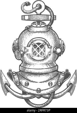 Gravure tatouage de casque de plongée et ancre de navire isolé sur fond blanc. Illustration vectorielle Illustration de Vecteur