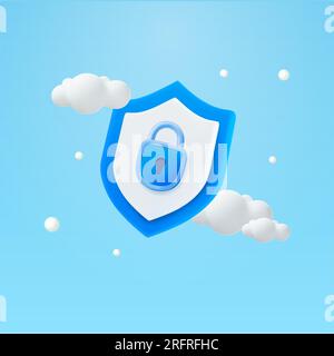 icône de bouclier bleu 3d avec serrure sécurisée, isolé sur fond. Concept de sécurité par mot de passe, compte sécurisé, données cloud, serveur, informations, transaction et antivirus, malware. illustration vectorielle 3d. Illustration vectorielle Illustration de Vecteur