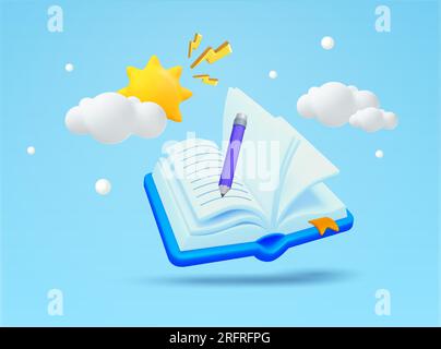3d vol livre ouvert avec crayon d'écriture dans le ciel, nuages blancs et soleil, isolé sur fond. Concept de bannière pour la rentrée scolaire, apprendre et étudier, agenda, cahier. illustration vectorielle 3d. Illustration vectorielle Illustration de Vecteur